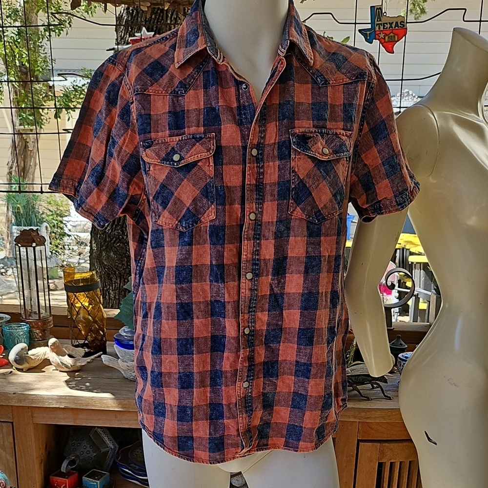 Desert Sun Flag & Anthem Men's Plaid Shirt - Blue and Orange 100% Cotton XL